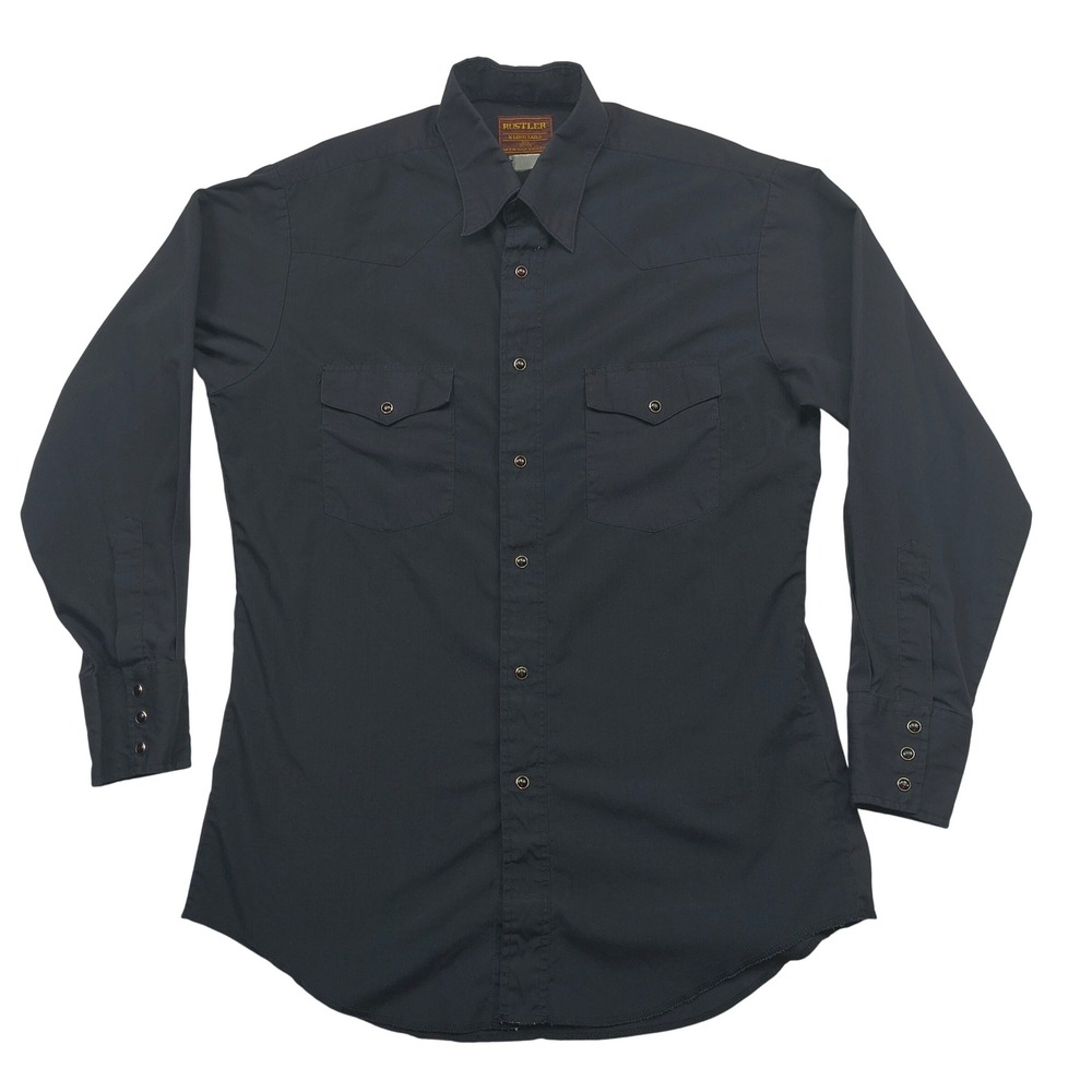 Rustler Mens Black Western Pearl Snap Shirt Extra Long Tails 15.5 32/33 Large